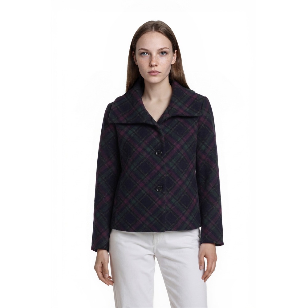 Talbots Plaid Short Pea Coat Women's Size 12 Navy Green Purple Wool Tartan